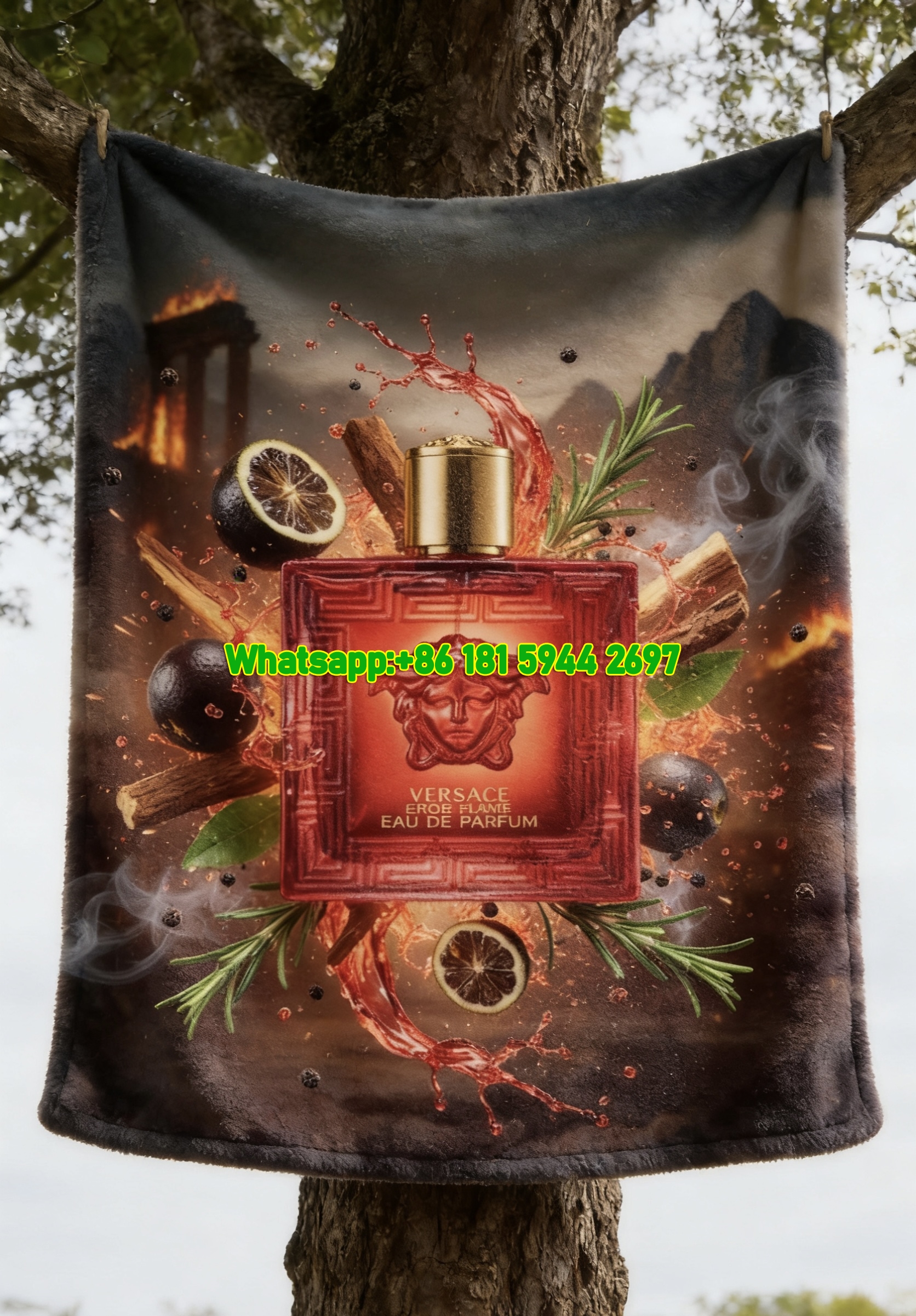 Versace Eros Flame Eau de Parfum Red and Gold Bottle Print Flannel Throw Blanket with Citrus and Herb Accents IMG_1600
